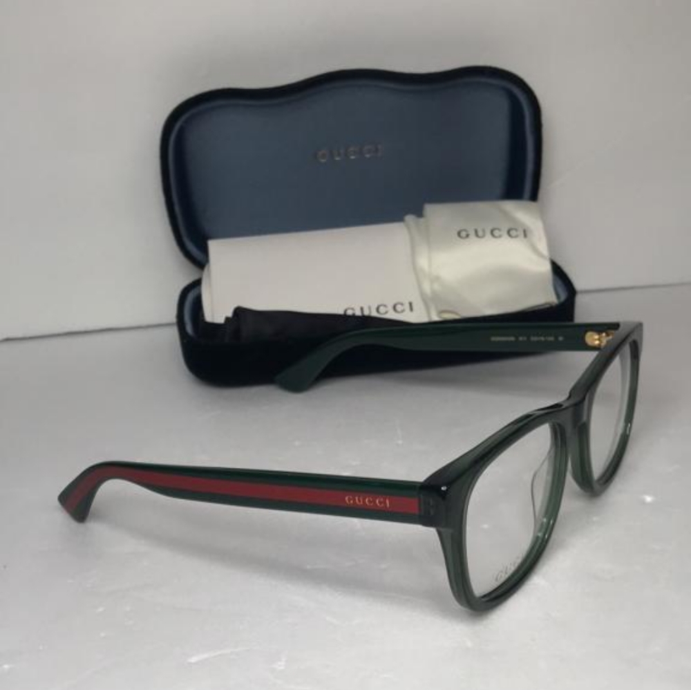 New - 💯 Original Gucci GG0004ON 011 Green with Red Stripe Square Men`s Eyeglas - Picture 5 of 13